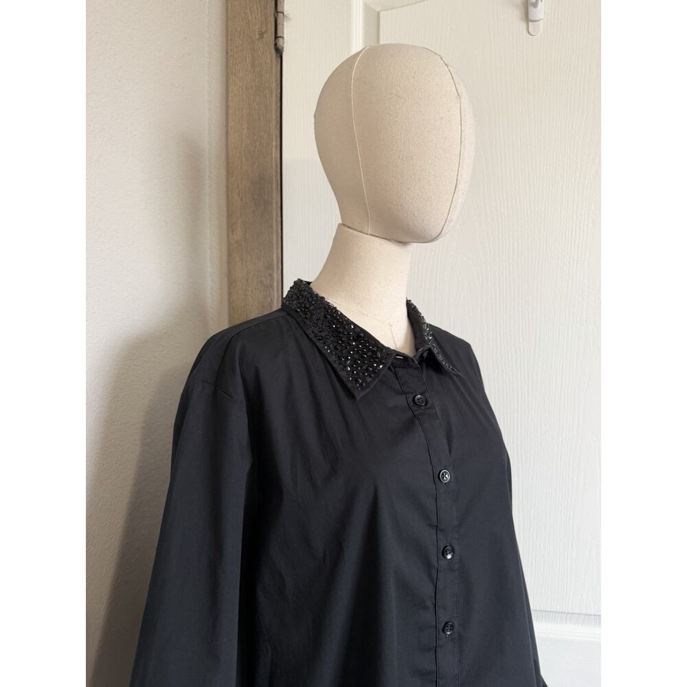 Chico’s Size 3.5 US 18 Tonal Jewels Poplin Shirt Black Embellished Collar Top - Picture 7 of 16